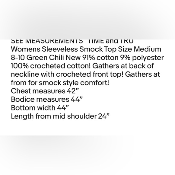 TIME and TRU Womens Sleeveless Smock Top Size Medium 8-10 Green Chili New - Picture 8 of 8